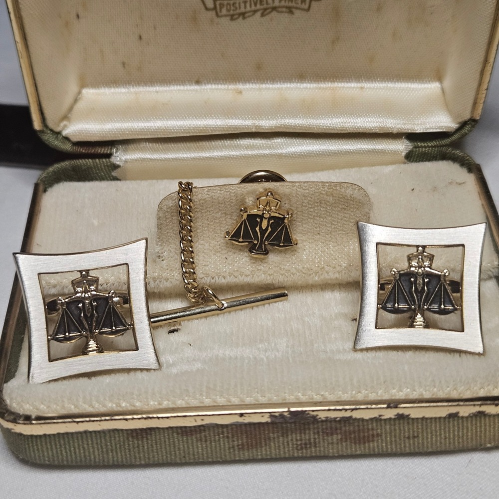 Hickok Scales of Justice Tie Set Mens OS Gold Silver Vintage Cufflinks Tie Tack